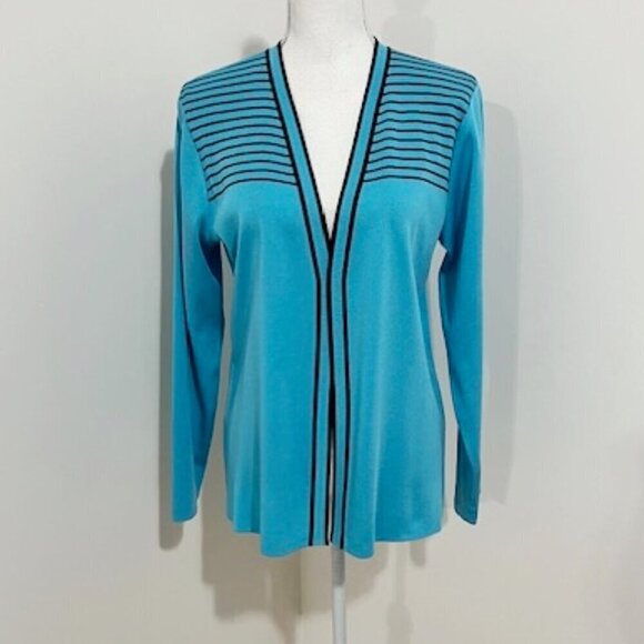 Exclusively Misook Open Front Cardigan Black Blue Striped Acrylic Size S - Picture 1 of 5
